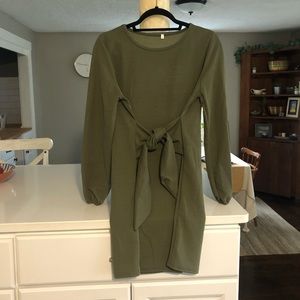 Sage Long Sleeve Knitted Tie Waist Pencil Dress